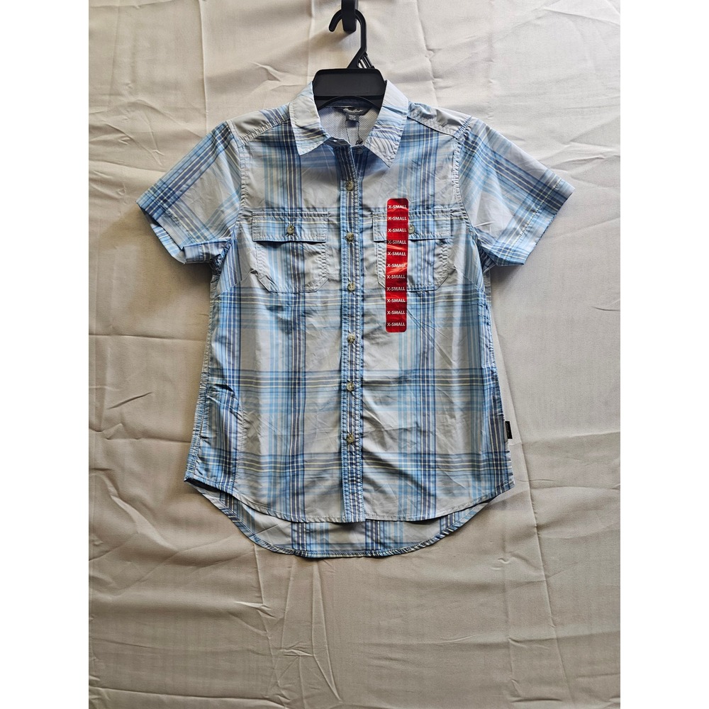 Eddie Bauer Light Blue and White Plaid Button-Down Shirt
